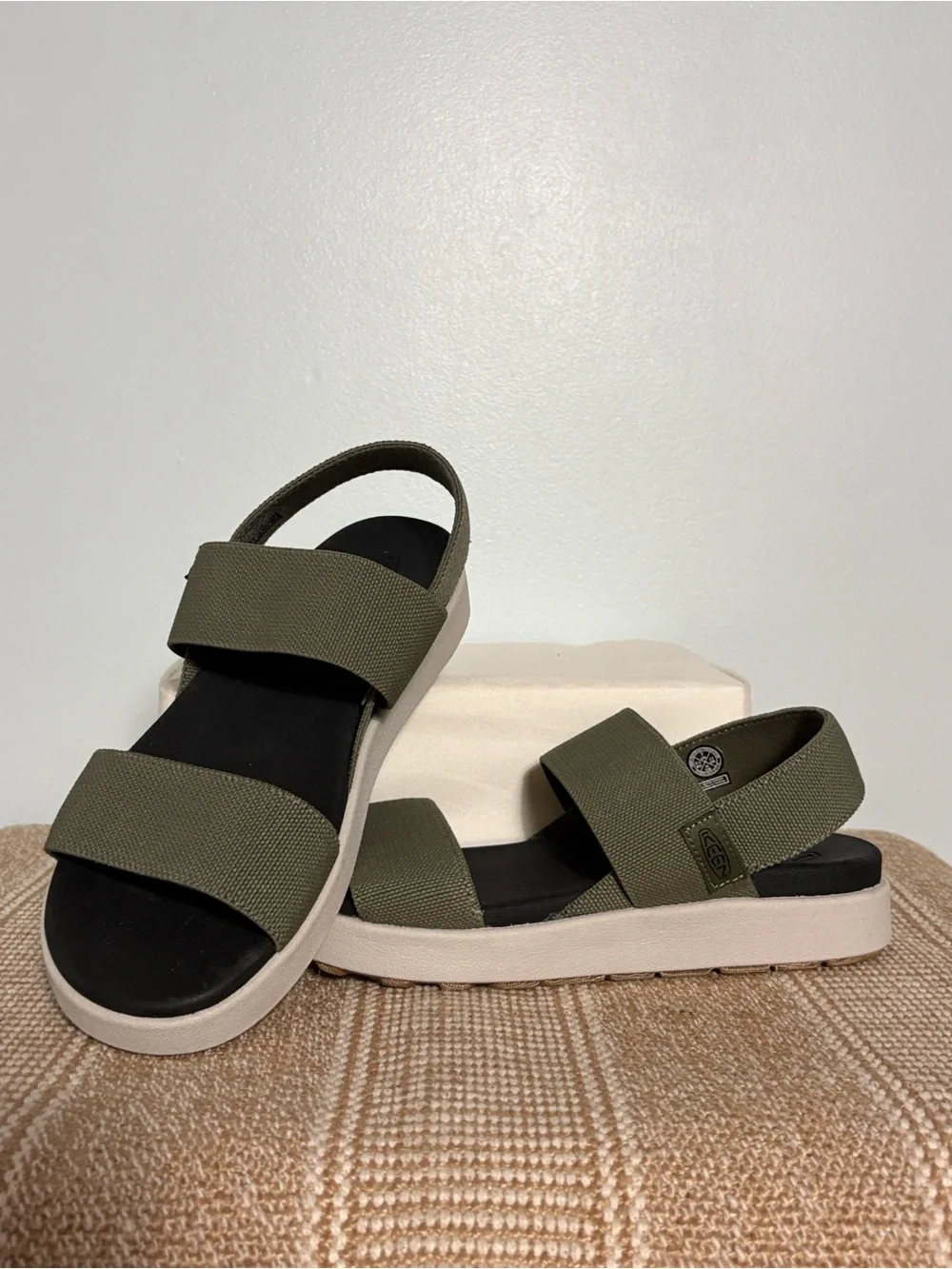 Keen Women’s Elle Backstrap Strap in Dusty Olive, Sporty Platform Wedge—  Size-7